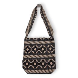 Colourful woven shoulder bag with geometric patterns for everyday use and travel accessories.
