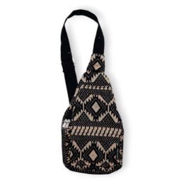 Vibrant geometric patterned black and beige shoulder bag, stylish and practical for everyday use.