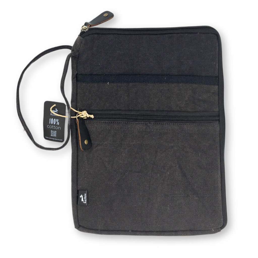 Black cotton laptop sleeve with multiple compartments, ideal for travel and work essentials.