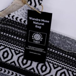 Vandre Muse natural bag with black and white tribal patterns, handmade in India for travel and journey inspiration.