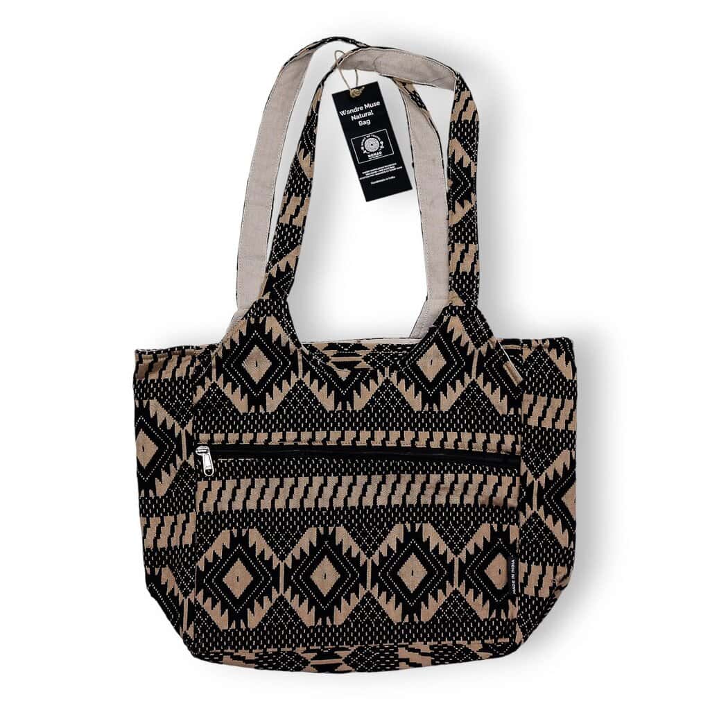 Vanguard Aztec print canvas tote bag with zipper pocket for travel and everyday use.