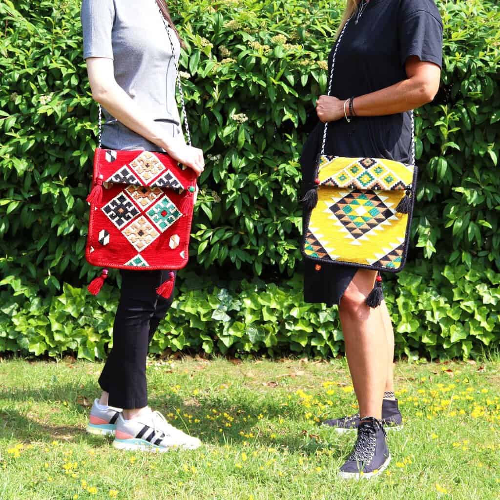 Vibrant patterned handbags with ethnic-inspired designs, perfect for casual and stylish outings.