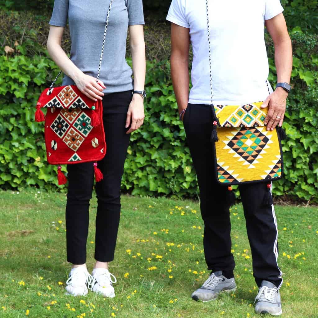 Vibrant handmade woven bags with ethnic geometric patterns, perfect for stylish everyday use.