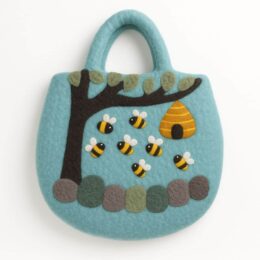 Vegan felt bag with bee and hive applique, eco-friendly reusable shopping bag, handcrafted organic textile accessory.